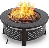 Brasero Exterior para Jardín y Terraza, 3 en 1 Barbacoa Calefacción y Enfriar Bebidas, Pozo de Fuego con Protector de Chispas, Chimeneas de Leña, 80,5x80,5x54 cm