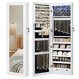 SONGMICS Armario para Joyas, Espejo Joyero de Pared, con Luces LED y Cierre, Organizador de Almacenamiento para Pendiente Collar, con Espejo y Varios Compartimentos, Blanco JBC93W
