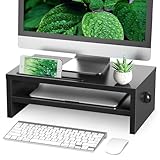 Rfiver Soporte Monitor Madera Elevador Escritorio para Portatil Pantalla Ordenador PC Monitores con Soporte para Teléfono & Tableta y Gestión de Cables | 2 Niveles Negro W425 x D235 x H140 MAX 30KG