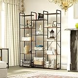 YITAHOME Estantería, Librería Alta de pie para Libros con 14 estantes y Ganchos, Estante de Almacenamiento con Estructura de Metal Estable, para Sala de Estar, Oficina en casa, Marrón Rústico