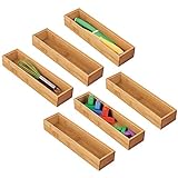 mDesign Juego de 6 cajas organizadoras para la cocina – Caja rectangular de bambú para ordenar cajones – Organizador de madera apilable para guardar cubiertos y utensilios de cocina – color natural