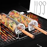 GROFIS Juego de 2 Cesta para Barbacoa Rodante con Base, Canasta de Barbacoa Cilíndrica de Acero Inoxidable con Mango de Madera, Accesorios de Parrilla para Barbacoa para Exteriores para Verduras