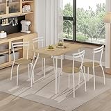 FURNITABLE Juego de Mesa de Comedor Rectangular de 5 Piezas, con 4 Sillas de Madera, para Cocina, Salón, para Ahorrar Espacio, Haya + Blanco