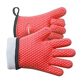 Guantes para Horno, Loveuing Guantes de Barbacoa de Doble Capa de Silicona y Algodón, Guantes de Cocina Resistentes al Calor, Guantes Flexibles para Parrilla y Hornear, 1 Par