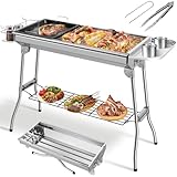 Barbacoa de Carbón Portátil, Parrilla de Acero Inoxidable Plegable, Barbacoa Carbon XXL con Sartén Antiadherente para Jardín, Terraza, Picnic, Camping