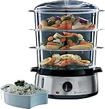 Russell Hobbs Vaporera Cook@Home - 3 Recipientes para Cocinar al Vapor, Capacidad 9 litros, Cuenco para Arroz, Temporizador, 2 Entradas Laterales de Agua, Sin BPA, Acero Inoxidable, 800 W - 19270-56