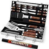 Grilliance Kit de accesorios para barbacoa de acero inoxidable de 26 piezas, juego de herramientas para parrilla resistente con estuche de aluminio, utensilios para barbacoa para hombres, marrón