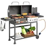 Outsunny Barbacoa de gas y carbón de acero, barbacoa de gas con 2+1 quemadores de 7kW con tapa, termómetro, ruedas, estantes laterales e inferiores, bandeja recogegrasa, regulador y manguera, negro