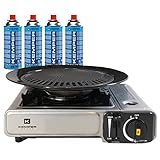 KEMPER - Barbacoa Grill 2 en 1 estufa de gas piezoeléctrico 2200 W + placa grill + 4 cartuchos de gas Butano Camping