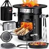 KESSER® Horno de Cohetes Con Sartén de Hierro Fundido, Parrilla, Pinzas y Bolsa de Transporte, Horno Holandés Para Barbacoa, Cohete de Leña, Camping, de Acero Inoxidable