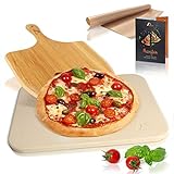 Amazy Piedra para pizza (38 x 30 x 1,5 cm) + Pala de Bambú + Papel Horno Reutilizable + Instrucciones - Dele a su pizza el original sabor italiano al horno de leña.