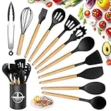 Utensilios de Cocina de Silicona 12 Piezas, set di utensili da cucina per pentole antiaderenti, al Calor y Antiadherentes con Mango de Madera para Utensilios sin BPA (Negro)