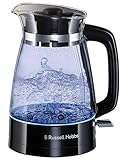 Russell Hobbs Hervidor de Agua Eléctrico Glass Classic - 1,7 litros, 2400 W, Diseño en Cristal Inspirado en lo Artesanal, Iluminación Azul, Detalles en Acero Inoxidable, Negro - 26080-70