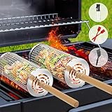 Conjunto de 2 Cestas para Parrilla Rodante con Mango de Madera (30×10 cm + 29×9 cm) Cestas para Barbacoa de acero inoxidable para Parrilla al aire libre cocinar carne y verduras
