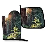 Morning Sunlight in Wilderness - Juego de Manoplas para Horno y Soporte para ollas, Almohadillas Calientes Resistentes, Guantes de Cocina para Horno para microondas, Barbacoa, Cocina, horneado, Parr