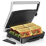 Aigostar Parrilla Eléctrica, Grill, Sandwichera y Máquina de Panini, Revestimiento Antiadherente, Temperatura Regulable, Placa Superior Flotante, Superficie Amplia 29 x 23 cm, 2000W, Espátula