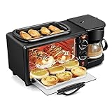 Estación de Desayuno 3 en 1, Horno Tostador con Sartén y Cafetera, Plancha Antiadherente, Horno Tostador de 12 L Máquina de Desayuno Versátil para Pan, Huevo, Sándwich,