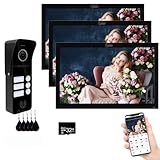 Videoportero con cable para apartamentos 3 unidades Videoportero con monitor táctil de 10 pulgadas, Kit de videoportero inalámbrico,Desbloqueo con tarjeta IC para (1 timbre negro+3 monitor negro)
