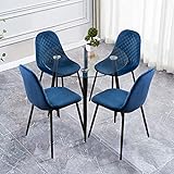 GOLDFAN Mesa de comedor con 4 sillas mesa de cristal y silla de terciopelo azul mesa redonda cristal para salón cocina