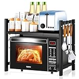 HYOJCWU Soporte Extensible para Microondas de 2 Niveles, Soporte para Microondas y Horno Cocina con 6 Ganchos, Soporte Microondas Extensible para Encimera de Cocina, 37-61 cm, Negro