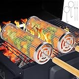 USENG 2 Piezas Conjunto de Cestas para Parrilla Rodante con Mango de Madera,Cesta Rodante para Parrilla Tamaño Grande 10*30 cm Pequeño 9*25 cm,para Cesta para Parrilla de Barbacoa de Acero Inoxidable