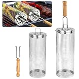 DTYGUIXE Cesta para Verduras Barbacoa, 2 Canasta de Barbacoa Cilíndrica con Mango de Madera Cestas de Parrilla Rodante de Acero Inoxidable Cesta para Parrilla de Barbacoa para Asar Comida Pequeña