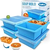 Walfos Bandeja congeladora de silicona extragrande de 1 taza con tapa, 4 paquetes de sopa, congelador, bandeja de cubitos de hielo para alimentos, contenedor para almacenar y congelar sopa, caldo,