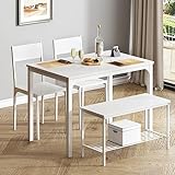 soges Juego de Mesa de Comedor para 4 Personas, 110cm Juego de Mesa de Cocina para 4, 2 Sillas con Respaldo, Banco para 2 Personas con Estante de Almacenaje, Juego de Muebles Nido para Comedor