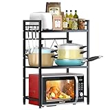 Mointal Soporte Expandible para Microondas, Estantería 3 Niveles para Microondas de Cocina, Estantería Acero al Carbono para Microondas de Encimera, Organizador Almacenaje Cocina con 8 Ganchos, Negro