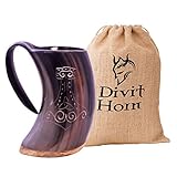 Divit Horn Auténtica Jarra Vikinga en Forma de para Beber | auténtico Jarro de Cerveza Medieval en Forma de Cuerno | Capacidad de 24 oz (700 ml) | (Mjolnir, Polished)