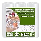 GIBOHOM 3 Rollos Bolsas Vacio Alimentos 20 x 600 cm, Gofradas Bolsas Envasar al Vacio Alimentos 150µm BPA Free, Antidesgarro, Rollos Envasadora al Vacio para Envasadora al Vacío e Sous Vide