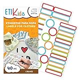 ETIKIDS 40 Etiquetas para ropa personalizables para la guardería y colegio. Pegatinas termoadhesivas con dibujos para escribir el nombre con bolígrafo resistentes a la lavadora y secadora. (Color)