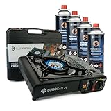 Eurocatch Estufa de Gas - incl. 4 bombonas de gas - Cocina a Gas - Estufa de camping - Quemador de gas - Cocinas de gas - Placa vitrocerámica - Cocina - Maletín de transporte