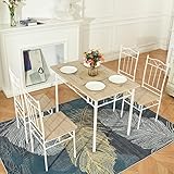 DORAFAIR Juego de comedor con mesa de comedor y 4 sillas, mesa de comedor y silla de madera de haya, patas de metal blanco