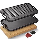 OVERMONT Parrilla reversible de hierro fundido pre-sazonado con asas para estufa de gas, horno de fuego abierto, 43,18 x 24,89 cm, una bandeja, raspadores incluidos