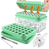 Cubiteras para Hielo de Silicona Con Tapa Y Cubo, Cubitera Silicona de Grado Alimenticio con cuchara para congelador, Fácil liberación Apilables Bandeja de 56 moldes de silicona (Verde)