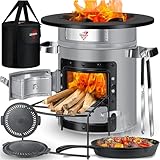 KESSER® Horno de Cohetes Con Sartén de Hierro Fundido, Parrilla, Pinzas y Bolsa de Transporte - Horno Holandés Para Barbacoa, Cohete de Leña, Camping - Acero Inoxidable, Gris