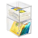 mDesign Cajón organizador– Caja apilable de plástico para armarios de cocina, despensa y nevera – Organizador de cocina para comida y aperitivos – Juego de 2 – transparente
