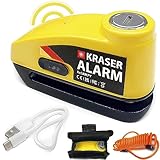 KRASER KR7Y Candado Moto Disco Alarma USB Batería Recargable, 110dB Sensores Movimiento, Impermeable Resistente Visible, Bloqueo Presión 7mm con Accesorios, Antirrobo Moto Pinza Disco Freno Scooter