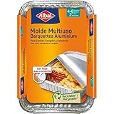 Albal Moldes de aluminio multiusos - Moldes rectangulares de aluminio con tapa para cocinar, congelar y conservar alimentos, bandejas de aluminio desechables, 31 x 21 x 4 cm, 4-6 porciones, 2 moldes