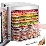 Kwasyo 10 Bandejas Deshidratador Alimentos Recetas gratis Temperatura Ajustable 30-90℃, Acero Inoxidable Completo, Temporizador de 24 horas, 10 Pisos Deshidratadora de Frutas, bpa free,1000W