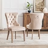 Silla de comedor (silla de cocina, silla de salón con aldaba única en la parte posterior, 2 unidades), silla tapizada con cabeza de clavo, patas de madera maciza, tapizado en terciopelo, beige (2)