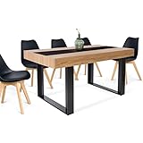 IDMarket PHOENIX - Mesa de comedor rectangular para 6 personas, madera y negro, 160 cm, con banda central negra