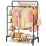 JOISCOPE Perchero de Metal, 165x120x52cm,2 Varillas y 4 Ganchos para Colgar, Ropa Perchero de Gran Capacidad de Carga, Perchero Burro con 3 Estantes Laterales y 1 Estantes Inferiores,Burro Ropa,Negro
