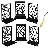 Iycnkok Sujetalibros Estantería de Metal Sujeta Libros - Diseño de árbol/Pájaro/Hoja Negro - Ideal para Oficina Infantil Escuelas Decoración Escritorio - 3 Pares, Marcapáginas Incluido