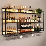 Botellero De Pared Para Con Soporte Para Copas,Estante De Vino De Metal De Estilo Industrial Con Luz LED,Botellero Vino De Hierro,Estantería De Vino,Para Cocina,Bodega O Bar - Soporte Elegante Para Bo