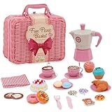 Cocina Juguete,Accesorios Cocina Juguetes con Manta de Picnic, Cafetera, Tartas y Postres Cortables,Cocina Exterior Niños Utensilios Cocina Juguete,Cesta Picnic Juguete Niños 3 4 5 Años (Rosa)