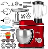 LEHMANN Robot De Cocina Multifuncion 3 en 1, Batidora Amasadora con Función Picadora De Carne y Batidora, 5.5L Bol, 1,5L Jarra, 6 Funciones de Regulación y Pulse, kit de Accesorios (Rojo)