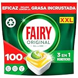 Fairy Original Todo En Uno Pastillas Lavavajillas, 100 Capsulas, Elimina Grasa Reseca, Detergente Lavavajillas con Aroma a Limpio y Fresco