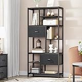 YITAHOME Estantería de 7 niveles con cajones, estante de pie para libros, estantería industrial con marco de acero para sala de estar, oficina, estudio, pasillo, cocina, color negro